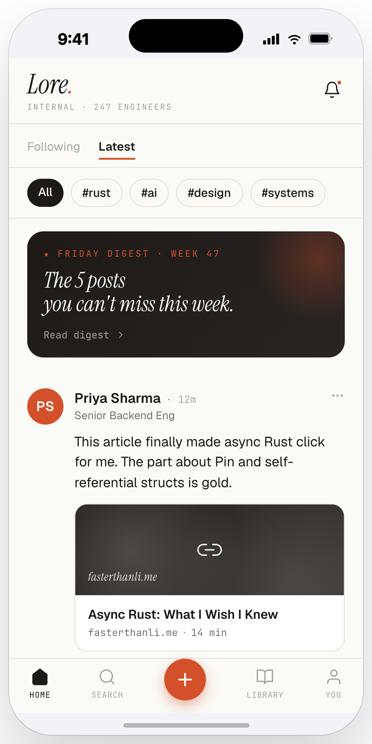 The Lore feed showing the Friday Digest and shared posts